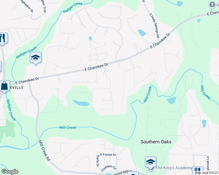 map of restaurants, bars, coffee shops, grocery stores, and more near Evans Street in Woodstock