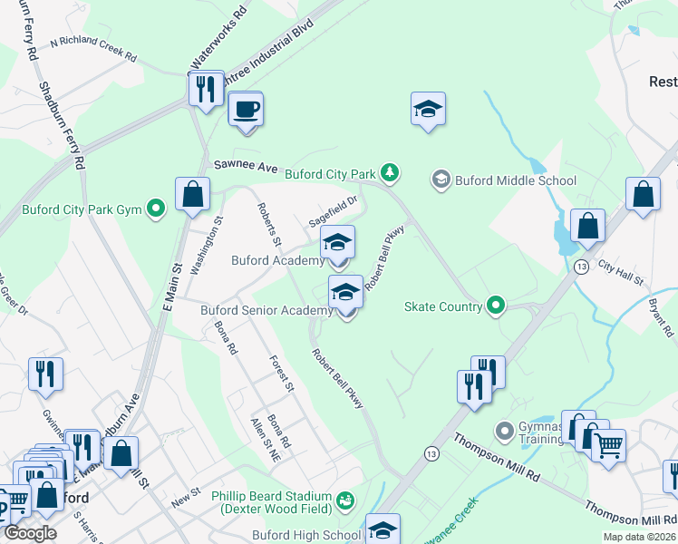 map of restaurants, bars, coffee shops, grocery stores, and more near 2705 Robert Bell Parkway in Buford
