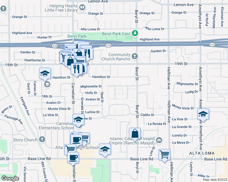 map of restaurants, bars, coffee shops, grocery stores, and more near 8939 Sage Court in Rancho Cucamonga