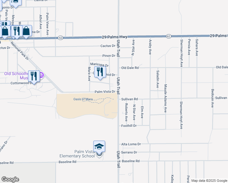 map of restaurants, bars, coffee shops, grocery stores, and more near Palm Vista Drive in Twentynine Palms
