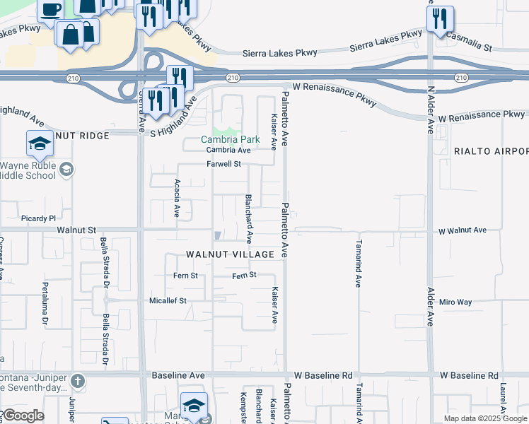 map of restaurants, bars, coffee shops, grocery stores, and more near 17243 Woodhill Street in Fontana