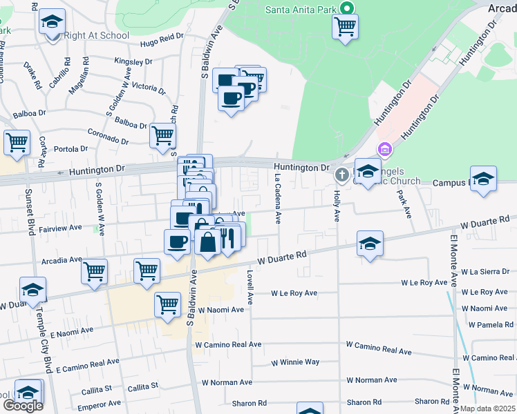map of restaurants, bars, coffee shops, grocery stores, and more near 519 Fairview Avenue in Arcadia