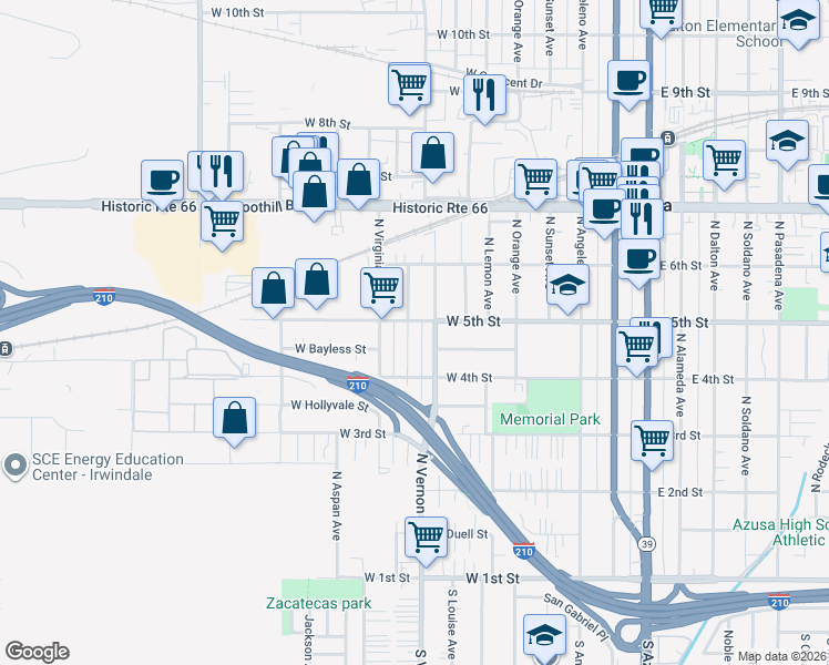 map of restaurants, bars, coffee shops, grocery stores, and more near 446 North Barbara Avenue in Azusa