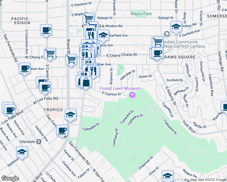 map of restaurants, bars, coffee shops, grocery stores, and more near 1286 Boynton Street in Glendale