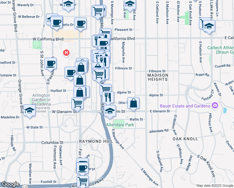 map of restaurants, bars, coffee shops, grocery stores, and more near 246 Alpine Street in Pasadena
