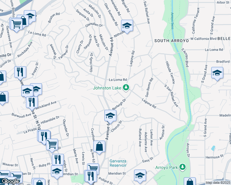 map of restaurants, bars, coffee shops, grocery stores, and more near 1290 Club House Drive in Pasadena