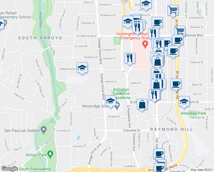 map of restaurants, bars, coffee shops, grocery stores, and more near 2 South Pasadena Avenue in Pasadena
