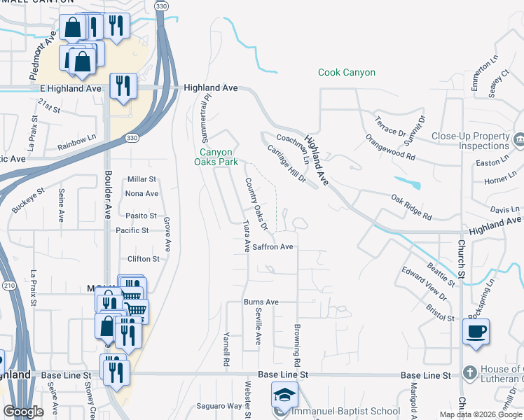 map of restaurants, bars, coffee shops, grocery stores, and more near 28317 Saddlebrook Place in Highland