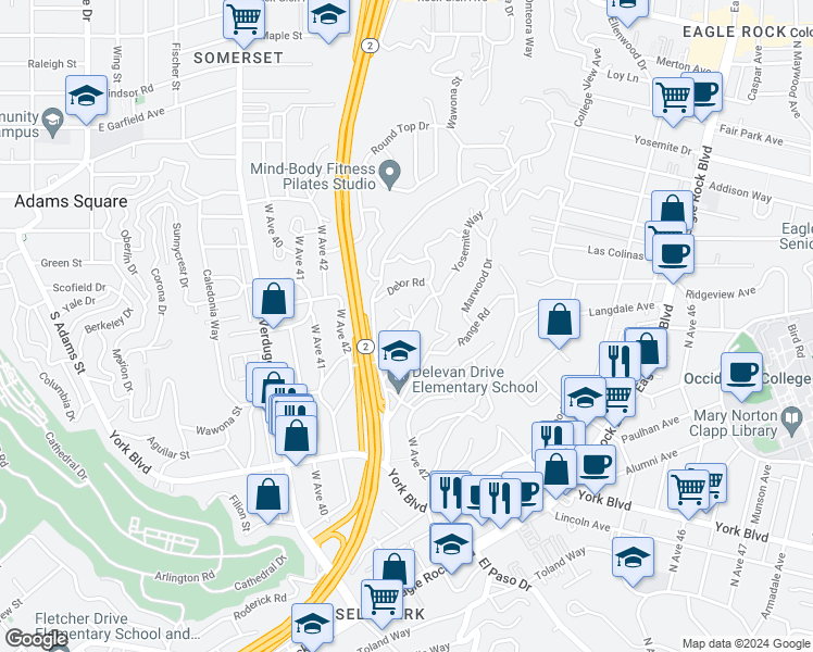 map of restaurants, bars, coffee shops, grocery stores, and more near 4271 Yosemite Way in Los Angeles