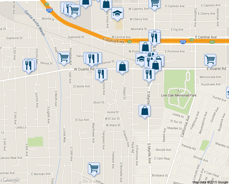 map of restaurants, bars, coffee shops, grocery stores, and more near 1925 Graydon Avenue in Monrovia