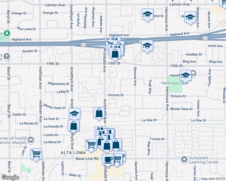 map of restaurants, bars, coffee shops, grocery stores, and more near 6862 Shadow Ridge Place in Rancho Cucamonga