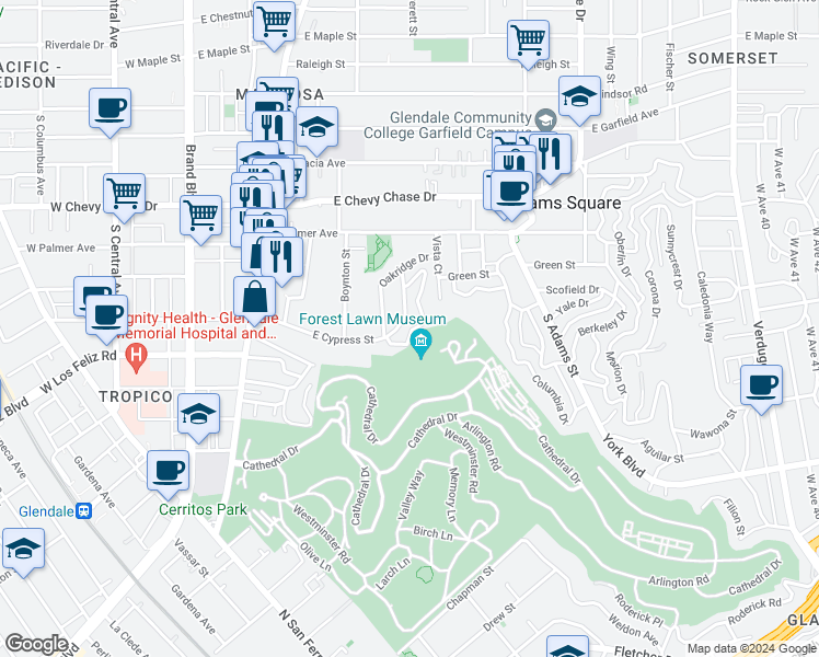 map of restaurants, bars, coffee shops, grocery stores, and more near 639 Alta Vista Drive in Glendale