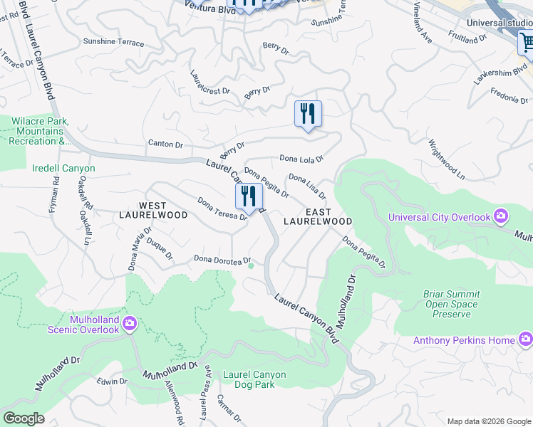 map of restaurants, bars, coffee shops, grocery stores, and more near 3114 Streamview Lane in Los Angeles