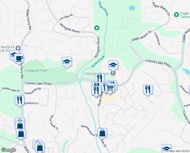 map of restaurants, bars, coffee shops, grocery stores, and more near 4580 Towne Lake Parkway in Woodstock