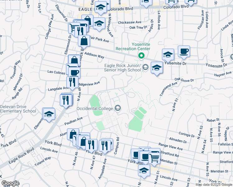 map of restaurants, bars, coffee shops, grocery stores, and more near 1600 Campus Road in Los Angeles