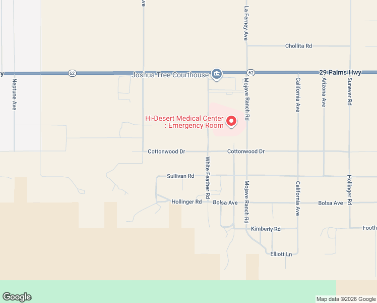 map of restaurants, bars, coffee shops, grocery stores, and more near Cottonwood Drive in Joshua Tree