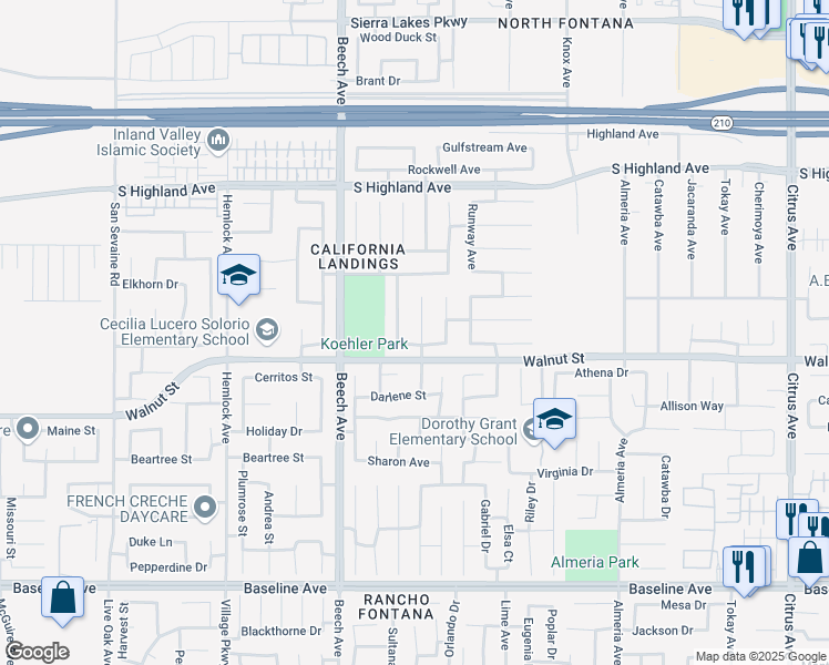 map of restaurants, bars, coffee shops, grocery stores, and more near 6850 Beechcraft Avenue in Fontana