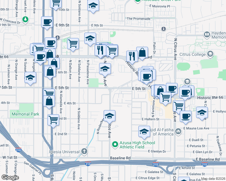 map of restaurants, bars, coffee shops, grocery stores, and more near 630 East 5th Street in Azusa