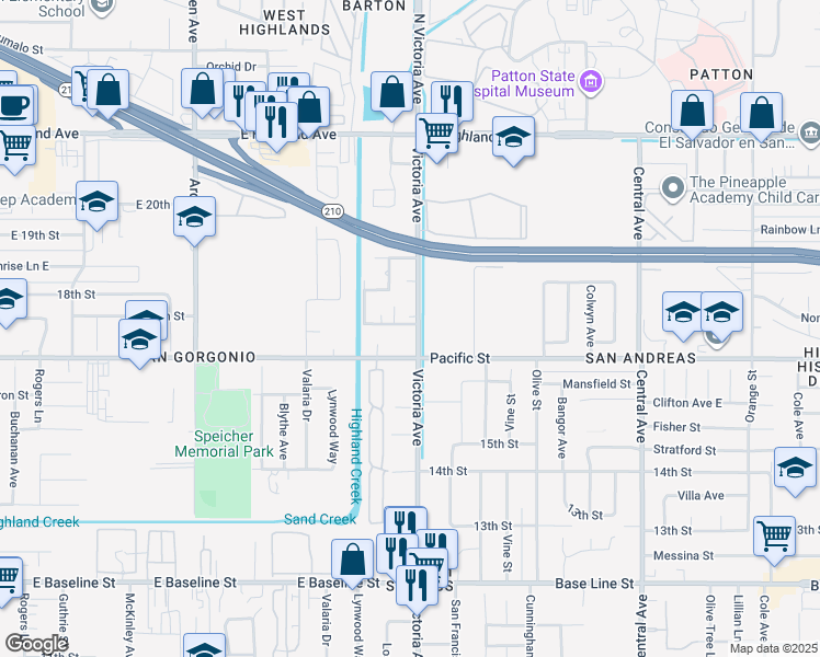 map of restaurants, bars, coffee shops, grocery stores, and more near 6848 Victoria Avenue in Highland