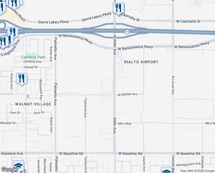 map of restaurants, bars, coffee shops, grocery stores, and more near 1552 North Alder Avenue in Rialto