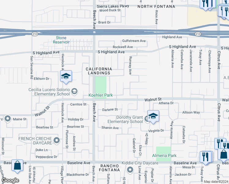 map of restaurants, bars, coffee shops, grocery stores, and more near 6850 Beechcraft Avenue in Fontana