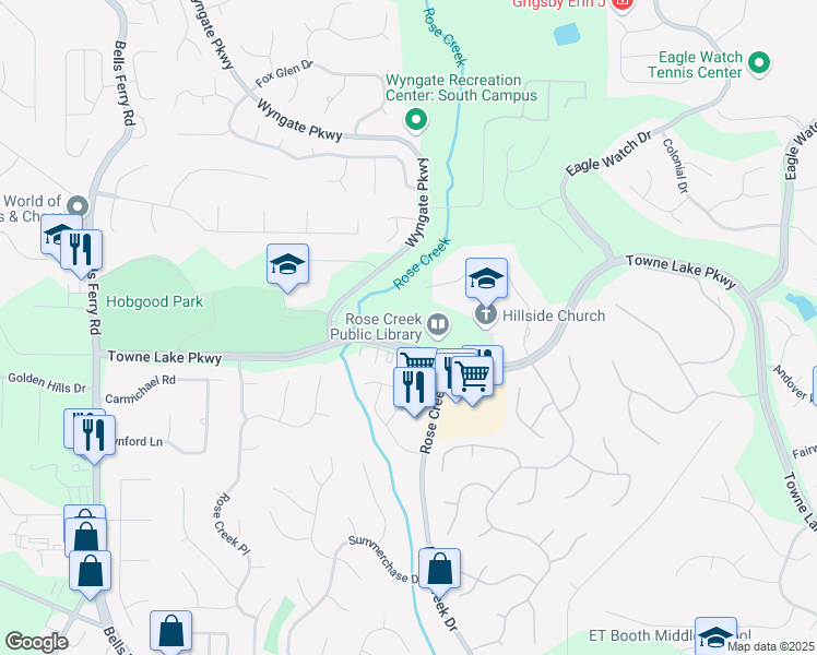 map of restaurants, bars, coffee shops, grocery stores, and more near 4580 Towne Lake Parkway in Woodstock