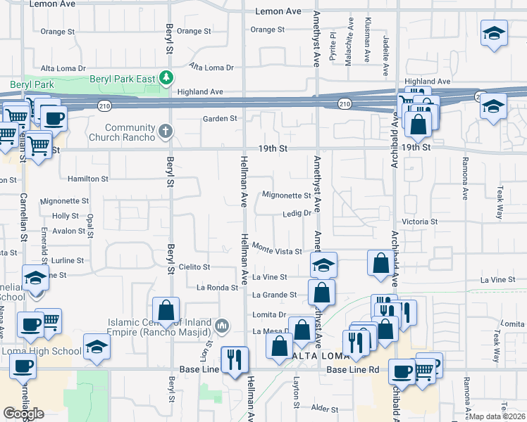 map of restaurants, bars, coffee shops, grocery stores, and more near 9348 Ledig Drive in Rancho Cucamonga