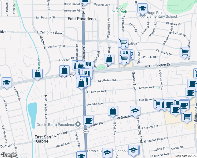 map of restaurants, bars, coffee shops, grocery stores, and more near 9061 Southview Road in San Gabriel
