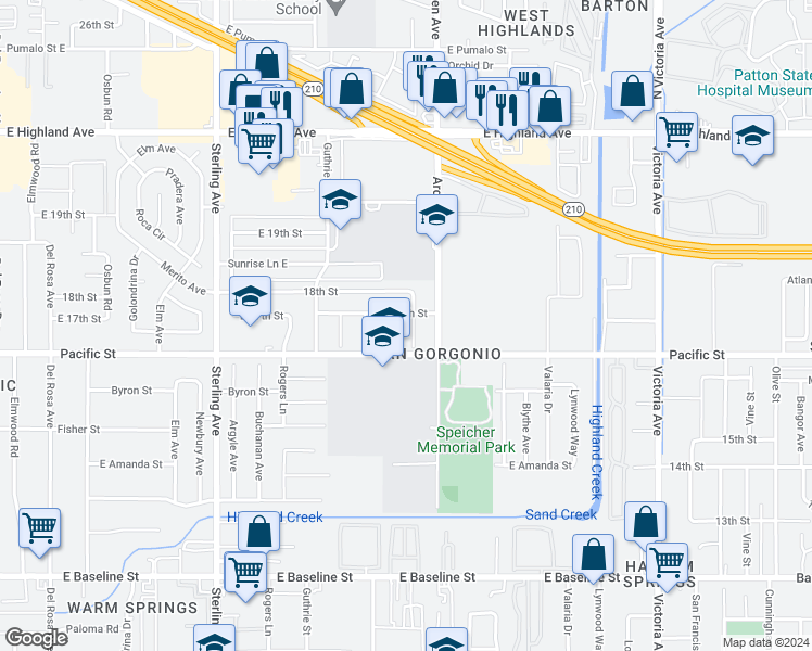 map of restaurants, bars, coffee shops, grocery stores, and more near 1676 Dumbarton Avenue in San Bernardino