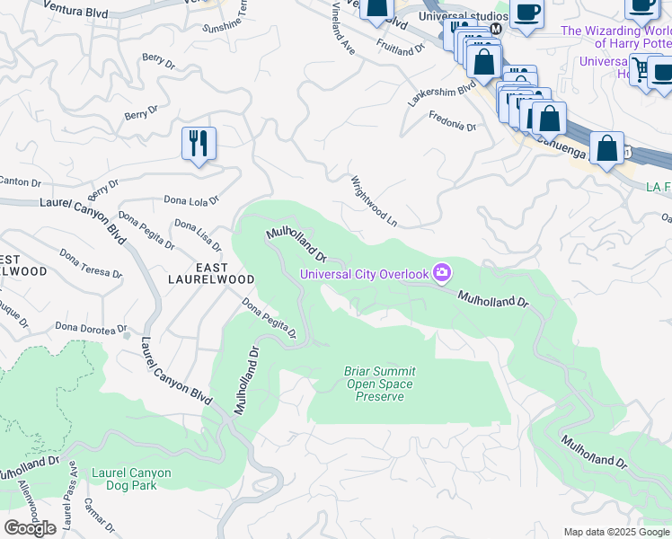 map of restaurants, bars, coffee shops, grocery stores, and more near 7820 Mulholland Drive in Los Angeles
