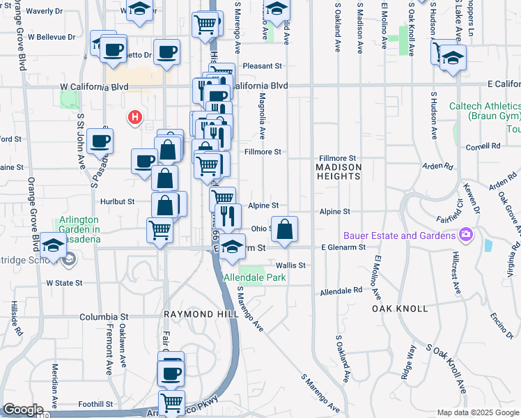 map of restaurants, bars, coffee shops, grocery stores, and more near 276 Alpine Street in Pasadena