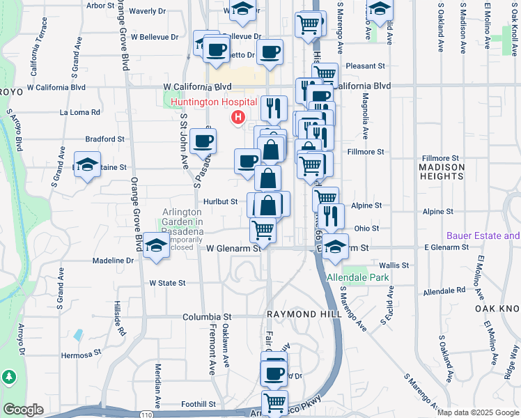 map of restaurants, bars, coffee shops, grocery stores, and more near 951 South Fair Oaks Avenue in Pasadena