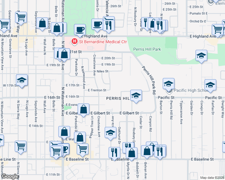 map of restaurants, bars, coffee shops, grocery stores, and more near 1625 Valencia Avenue in San Bernardino