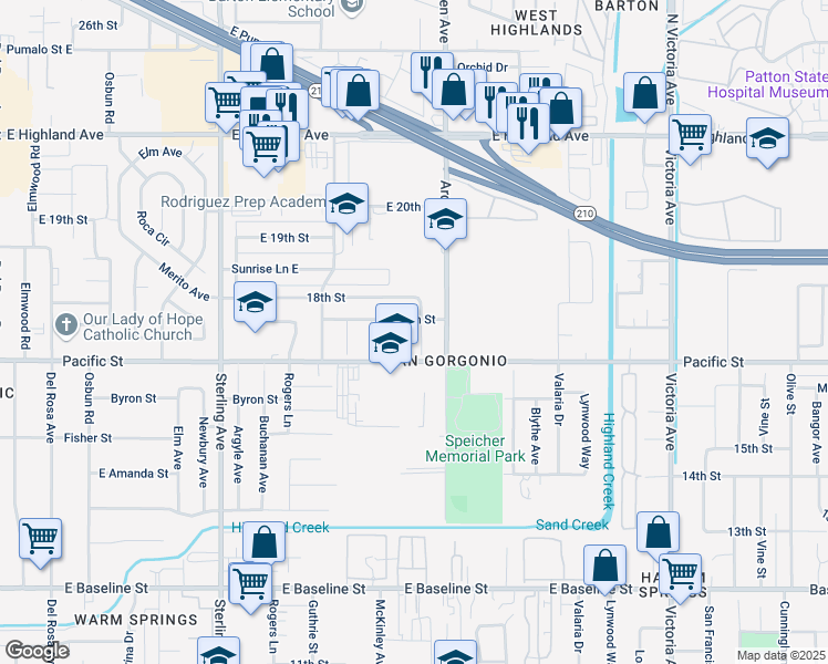 map of restaurants, bars, coffee shops, grocery stores, and more near 1676 Dumbarton Avenue in San Bernardino