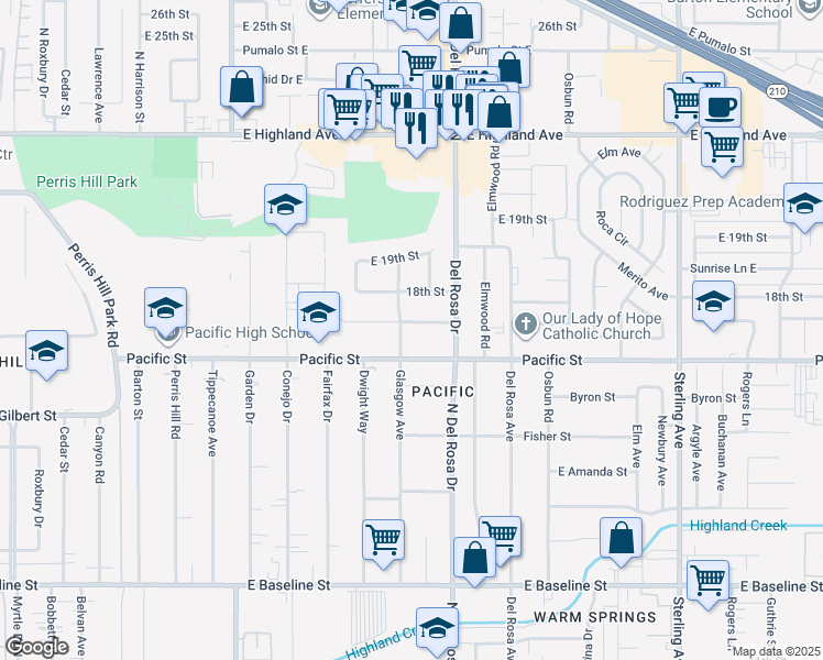 map of restaurants, bars, coffee shops, grocery stores, and more near 25219 East 17th Street in San Bernardino
