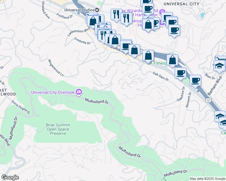map of restaurants, bars, coffee shops, grocery stores, and more near 3542 Multiview Drive in Los Angeles