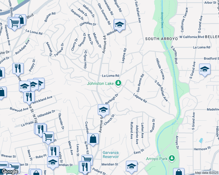 map of restaurants, bars, coffee shops, grocery stores, and more near 1290 Club House Drive in Pasadena