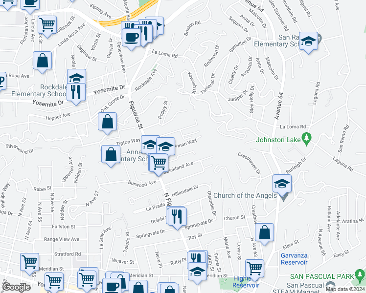 map of restaurants, bars, coffee shops, grocery stores, and more near 6216 Annan Way in Los Angeles