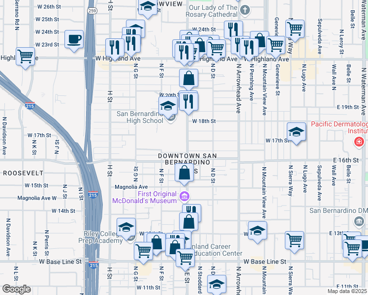 map of restaurants, bars, coffee shops, grocery stores, and more near 507 West 17th Street in San Bernardino