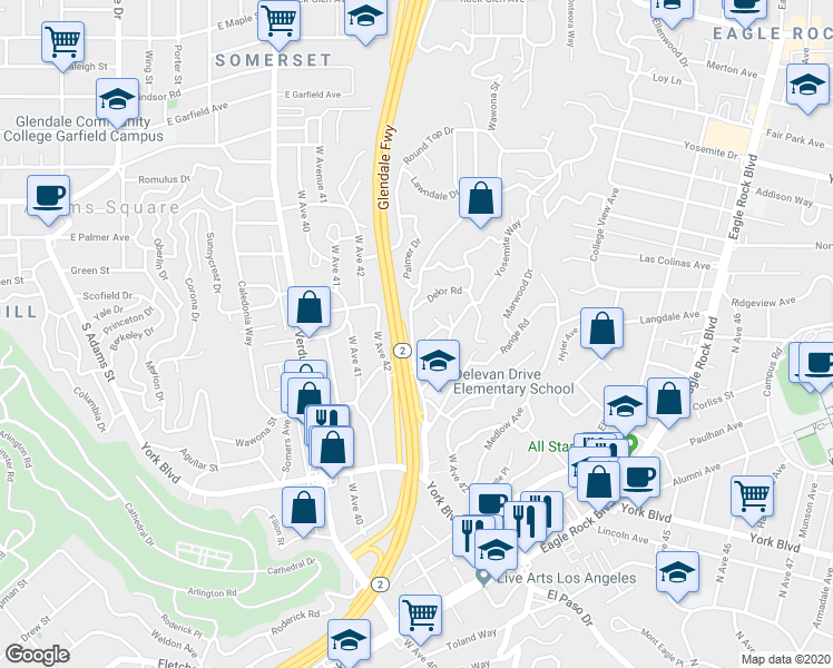 map of restaurants, bars, coffee shops, grocery stores, and more near 4304 Wawona Street in Los Angeles