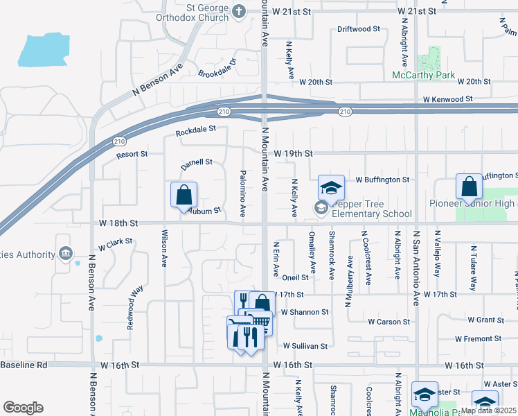 map of restaurants, bars, coffee shops, grocery stores, and more near 1210 Azalea Court in Upland