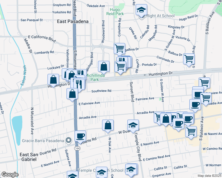 map of restaurants, bars, coffee shops, grocery stores, and more near 9167 Southview Road in San Gabriel