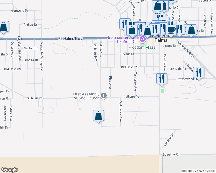 map of restaurants, bars, coffee shops, grocery stores, and more near 6828 Pine Avenue in Twentynine Palms