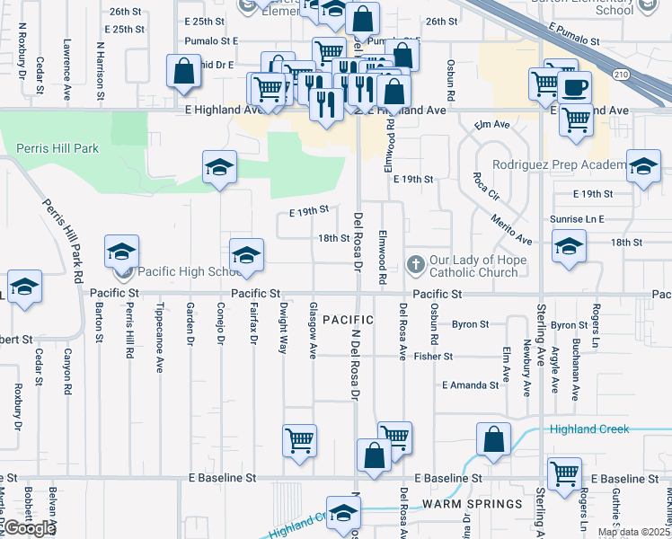 map of restaurants, bars, coffee shops, grocery stores, and more near 25247 East 17th Street in San Bernardino