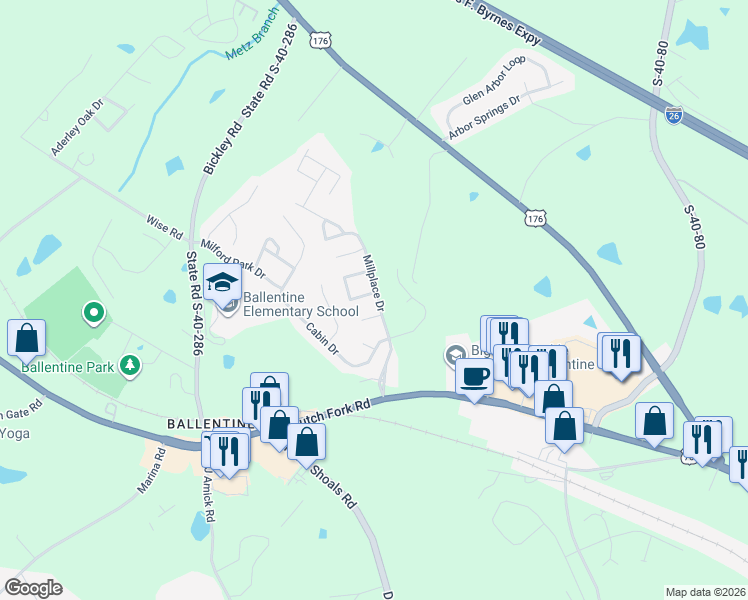 map of restaurants, bars, coffee shops, grocery stores, and more near 701 Millplace Loop in Irmo
