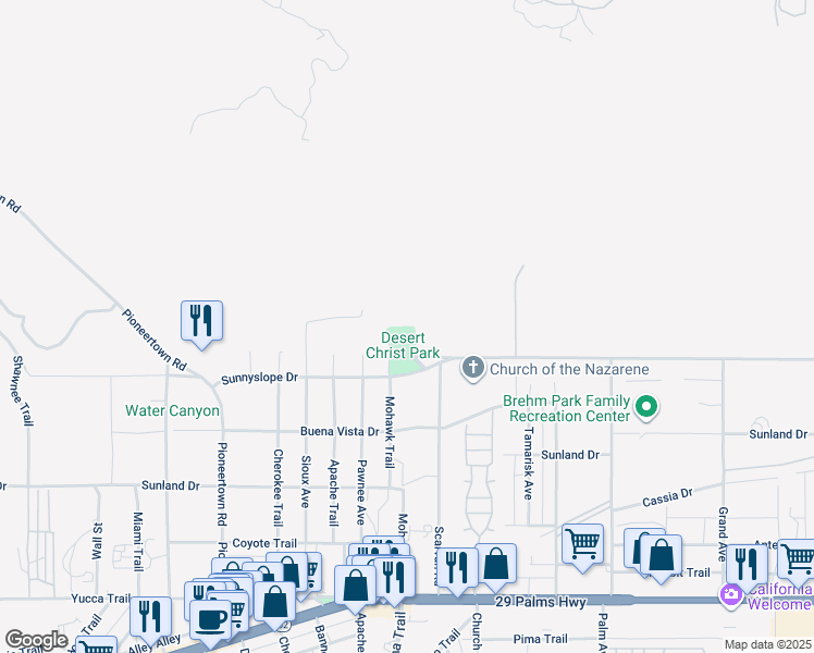 map of restaurants, bars, coffee shops, grocery stores, and more near 56200 Sunnyslope Drive in Yucca Valley