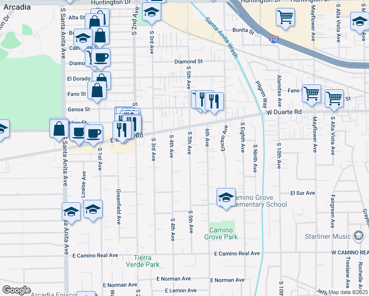 map of restaurants, bars, coffee shops, grocery stores, and more near 428 Robbins Drive in Arcadia