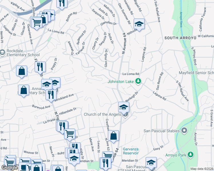 map of restaurants, bars, coffee shops, grocery stores, and more near 1445 Marianna Road in Pasadena