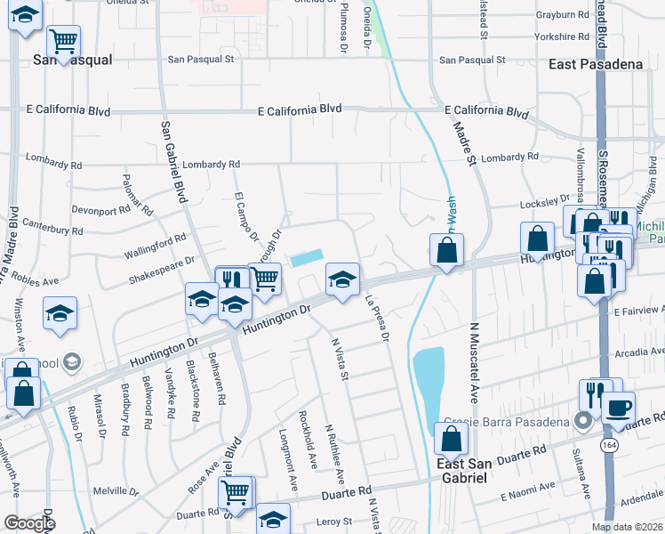 map of restaurants, bars, coffee shops, grocery stores, and more near 3213 La Encina Way in Pasadena