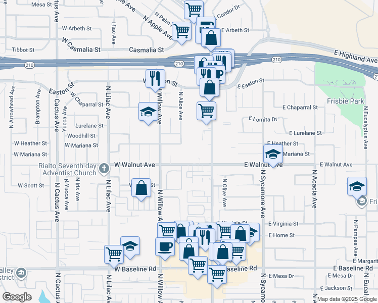 map of restaurants, bars, coffee shops, grocery stores, and more near 168 West Walnut Avenue in Rialto